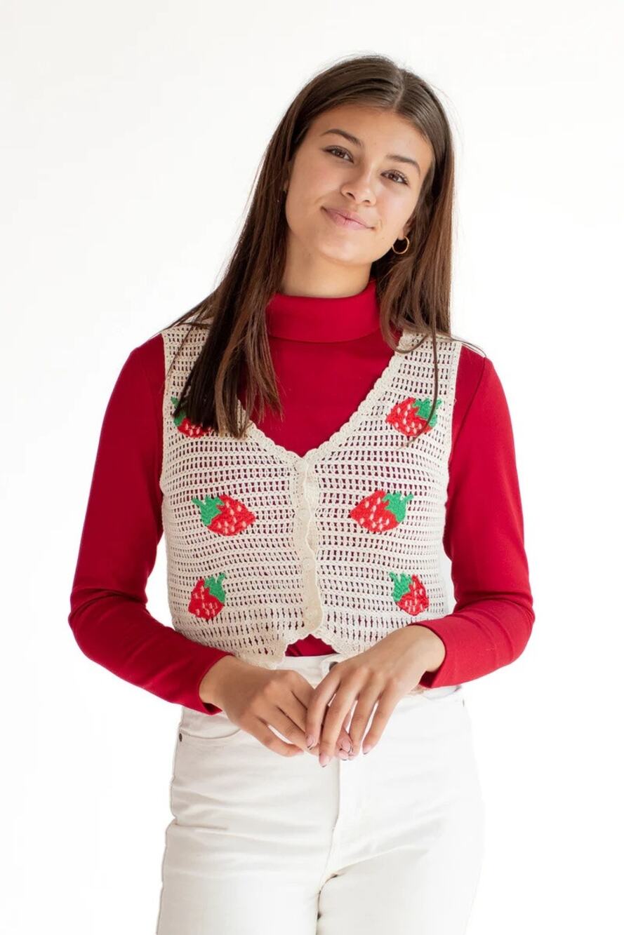 WoWo 100% Cotton Strawberry Cream Crochet Knit Vest M Cottagecore Grandmacore